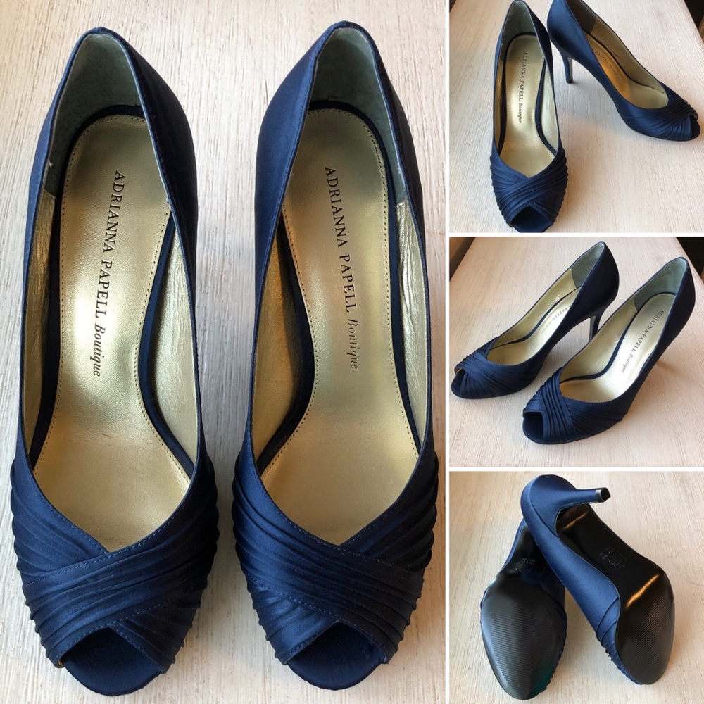 New In Box Adrianna Papell Navy Satin Peep Toe